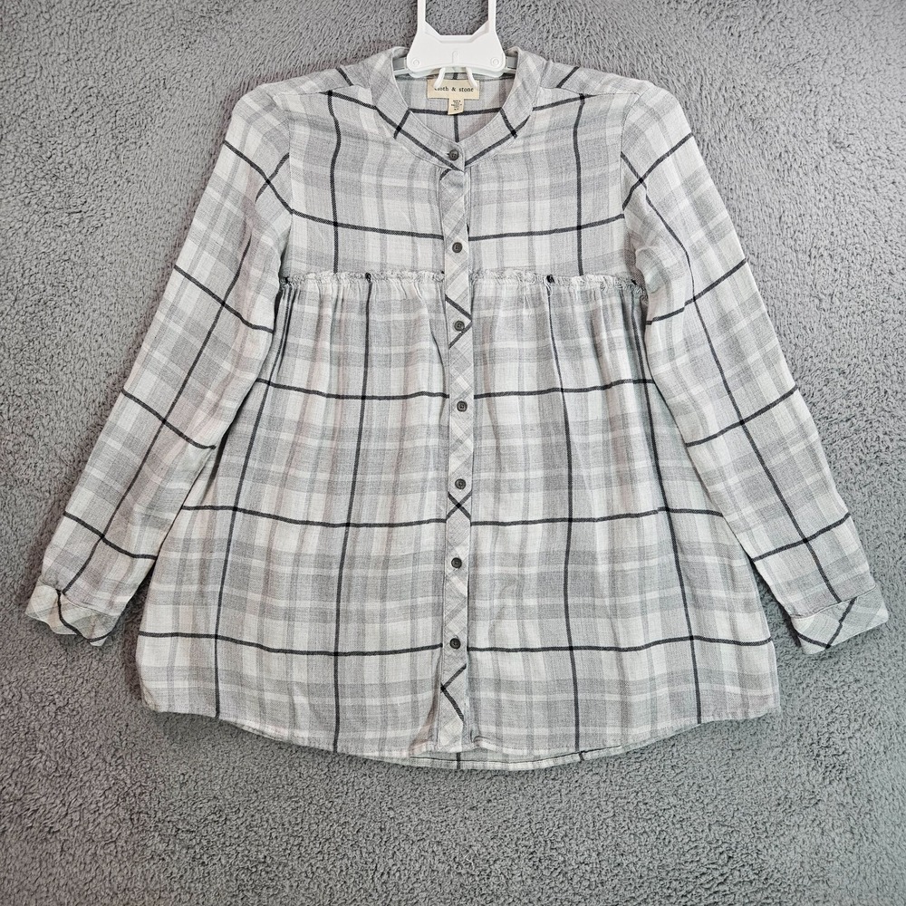 Cloth & Stone Shirt Tunic Top Blouse Women XS Long Sleeve Button Gray Plaid Soft